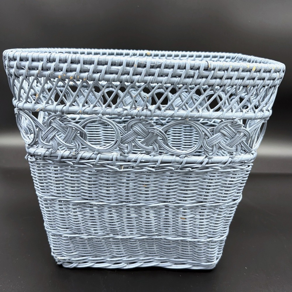 VTG Wicker Basket Light Blue Painted Braided Knot Openwork Lattice Decor
